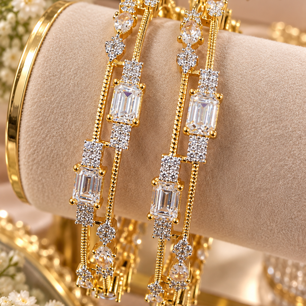 Luxury Gold-Tone CZ Bangle Set – Emerald Cut & Pear Stone Statement Bangles-size 2.10