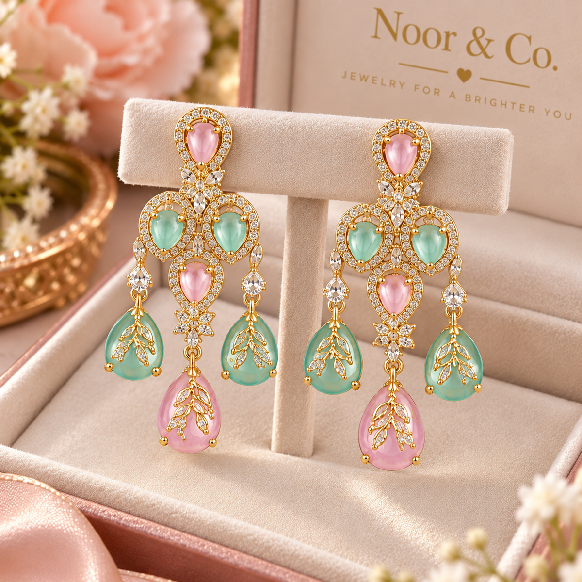 Pastel Pink Mint Gold Tone Necklace Earrings Tikka Pakistani Jewelry Set