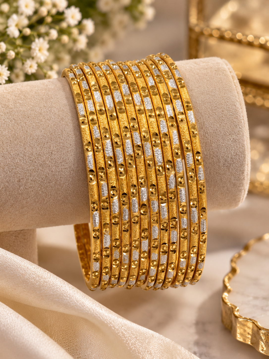 2.10 Two Tone Gold & Silver Bangles Set | Thin Stackable Indian Pakistani Bangles | Traditional Bridal Wedding Jewelry Set of 12