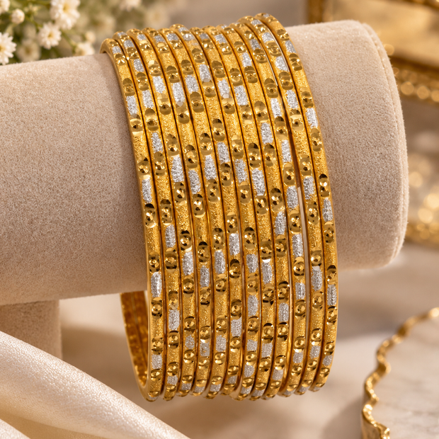 2.10 Two Tone Gold & Silver Bangles Set | Thin Stackable Indian Pakistani Bangles | Traditional Bridal Wedding Jewelry Set of 12