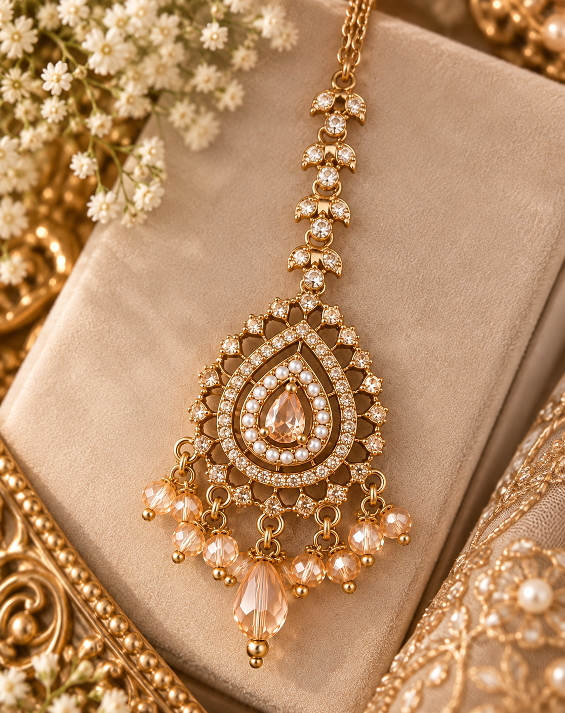 Champagne Crystal Earring & Tikka Set – Gold Tone Bridal Jewelry