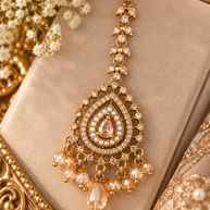 Champagne Crystal Earring & Tikka Set – Gold Tone Bridal Jewelry