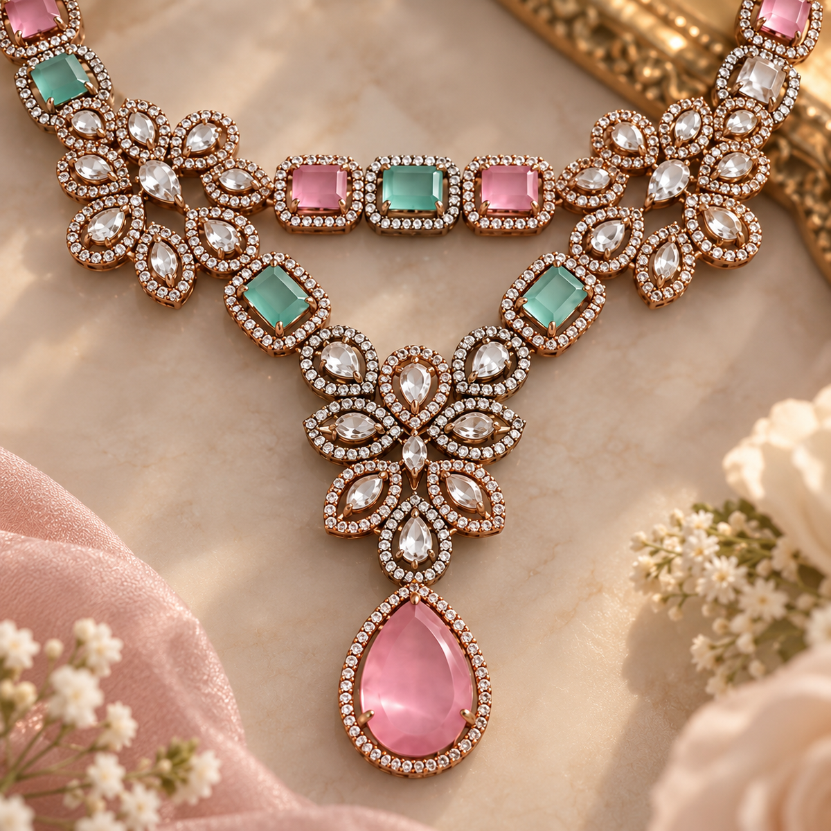 Vintage Inspired Pink- Green Crystal Jewelry Set – Statement Necklace & Earrings