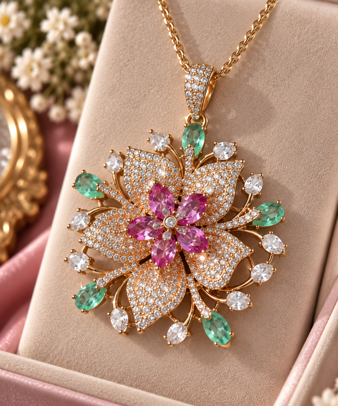 Pink & Mint Green Floral Pendant Necklace Set with Matching Earrings | Statement Jewelry