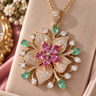 Pink & Mint Green Floral Pendant Necklace Set with Matching Earrings | Statement Jewelry
