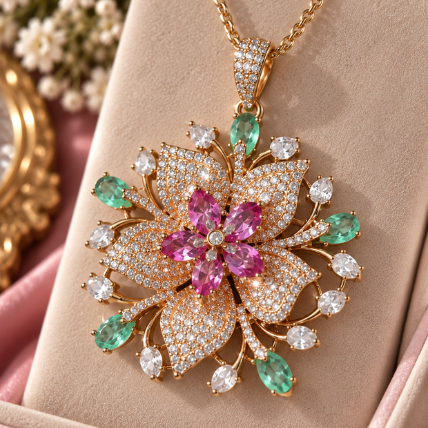 Pink & Mint Green Floral Pendant Necklace Set with Matching Earrings | Statement Jewelry