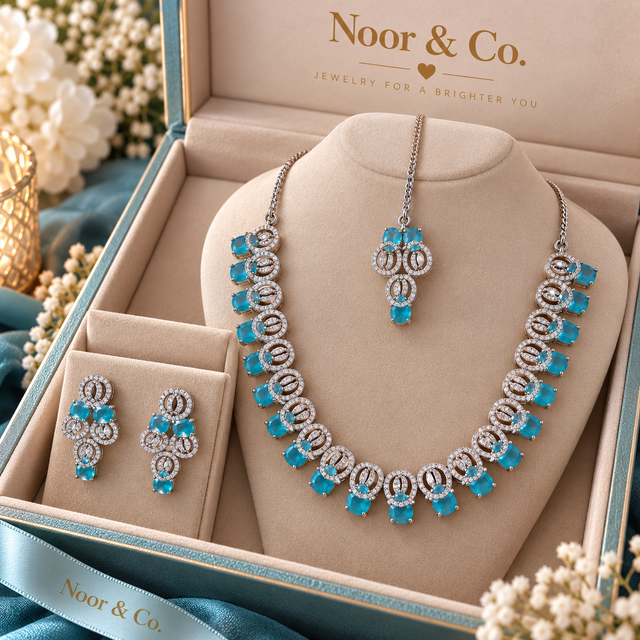 Aqua Blue CZ Necklace Earrings Tikka Set Silver Tone Pakistani Jewelry