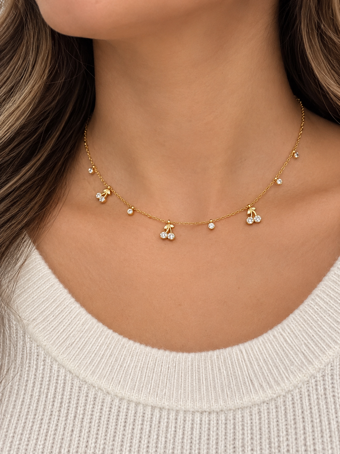 18K Gold Plated Dainty Cherry Charm Necklace CZ Crystal Delicate Jewelry