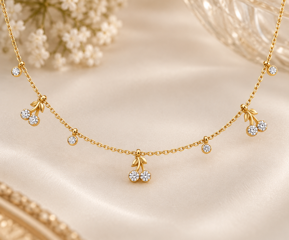 18K Gold Plated Dainty Cherry Charm Necklace CZ Crystal Delicate Jewelry