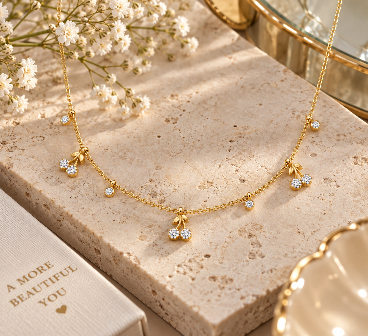 18K Gold Plated Dainty Cherry Charm Necklace CZ Crystal Delicate Jewelry
