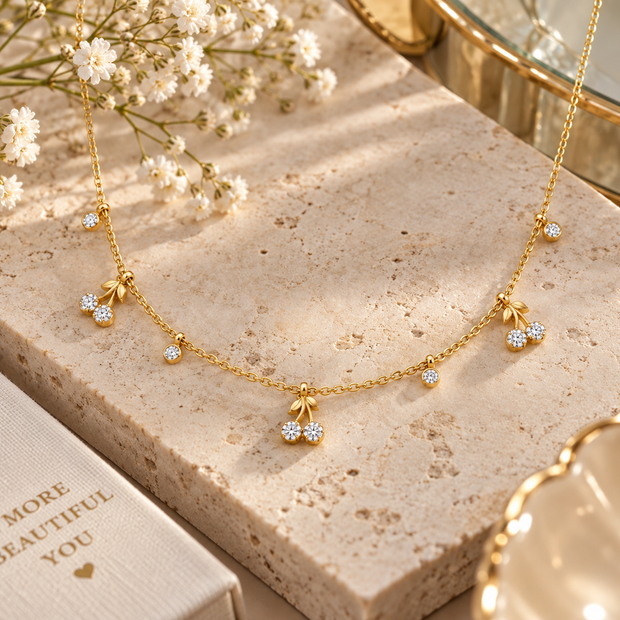 18K Gold Plated Dainty Cherry Charm Necklace CZ Crystal Delicate Jewelry