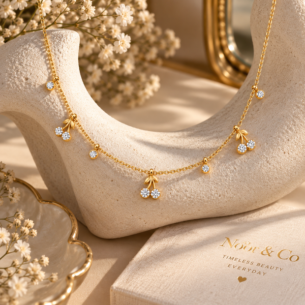 18K Gold Plated Dainty Cherry Charm Necklace CZ Crystal Delicate Jewelry