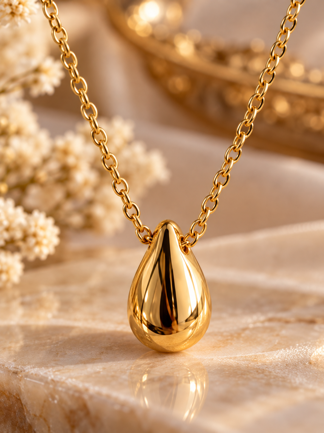 14K Gold Plated Teardrop Pendant Necklace – 316L Stainless Steel Minimalist Gold Necklace