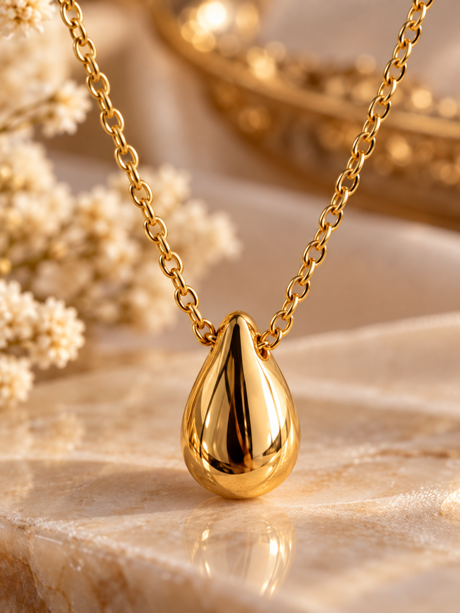 14K Gold Plated Teardrop Pendant Necklace – 316L Stainless Steel Minimalist Gold Necklace
