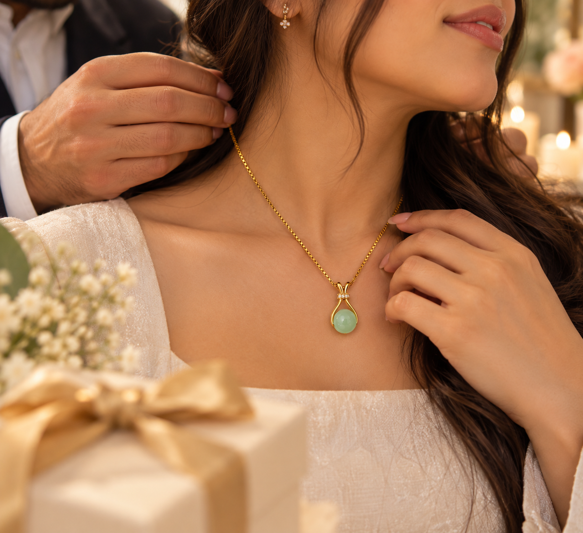 14K Gold Plated Mint Green Pendant Necklace – Elegant Teardrop Statement Necklace