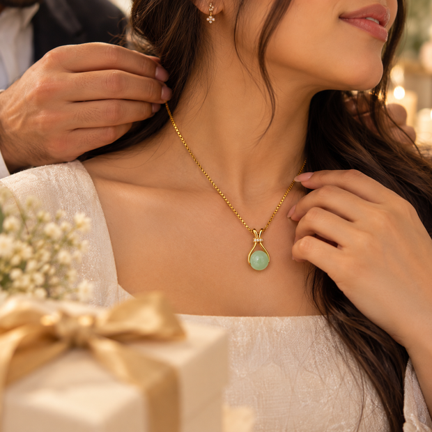 14K Gold Plated Mint Green Pendant Necklace – Elegant Teardrop Statement Necklace