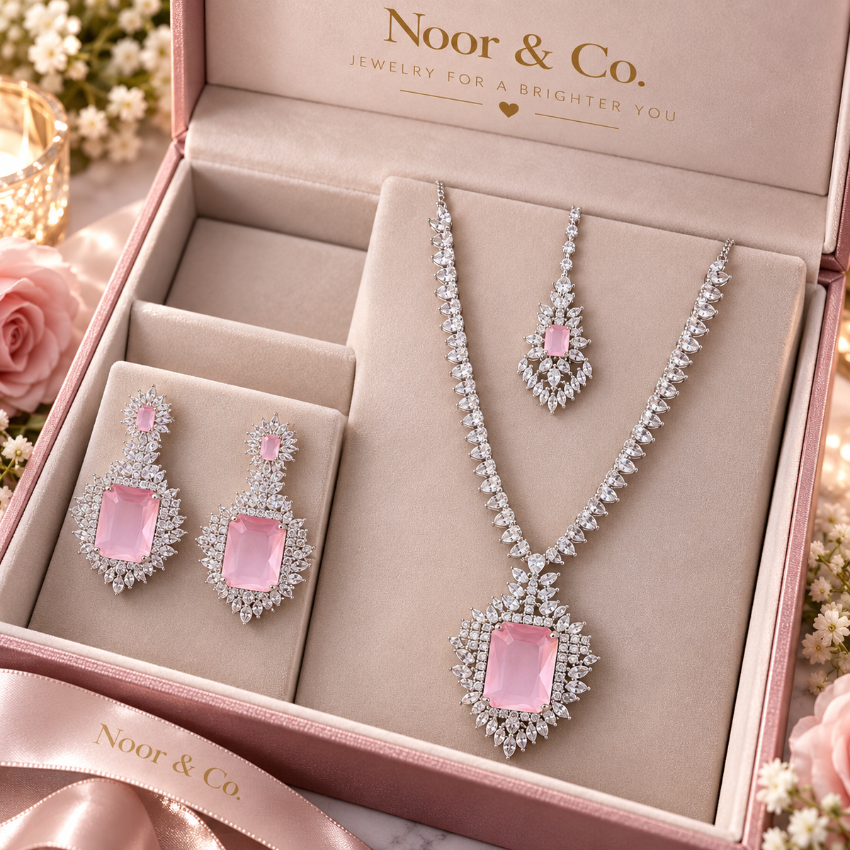 Pink CZ Necklace Earrings Tikka Set Silver Tone Pakistani Indian Jewelry