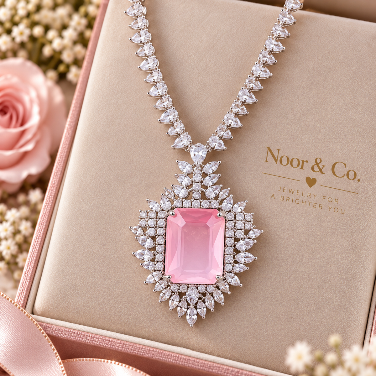 Pink CZ Necklace Earrings Tikka Set Silver Tone Pakistani Indian Jewelry