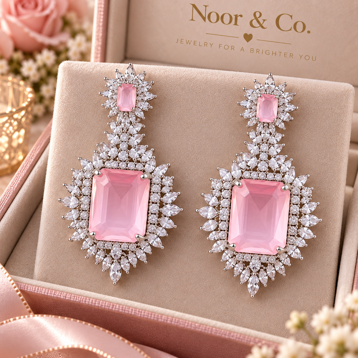 Pink CZ Necklace Earrings Tikka Set Silver Tone Pakistani Indian Jewelry