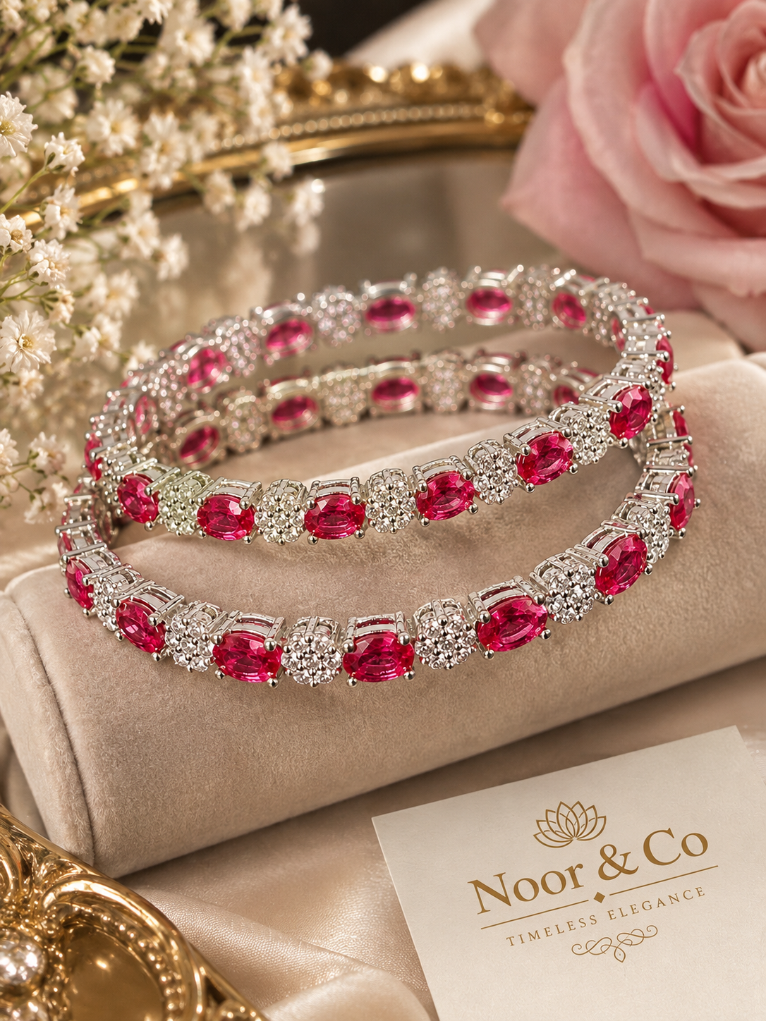 Noor & Co Ruby Pink Bloom Crystal Bangles