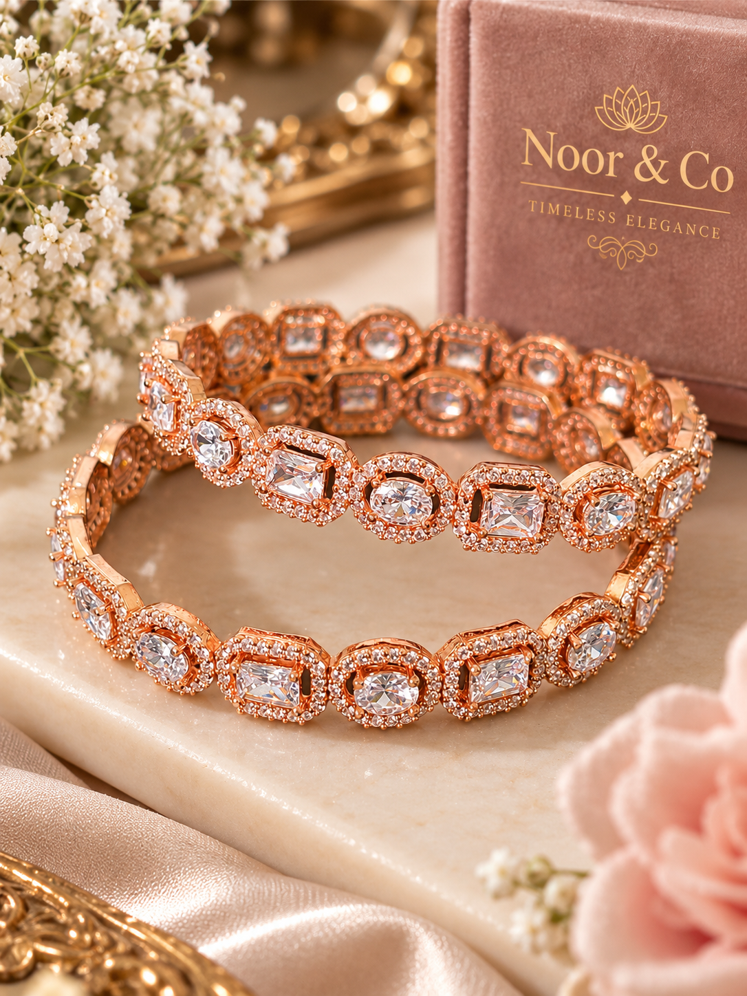 Noor & Co Rose Gold Crystal Bangle Set