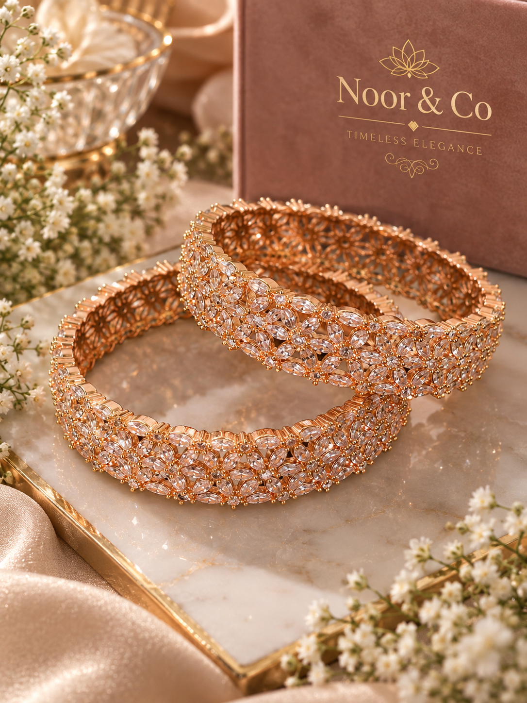 Rose Gold Crystal Blossom Bangles