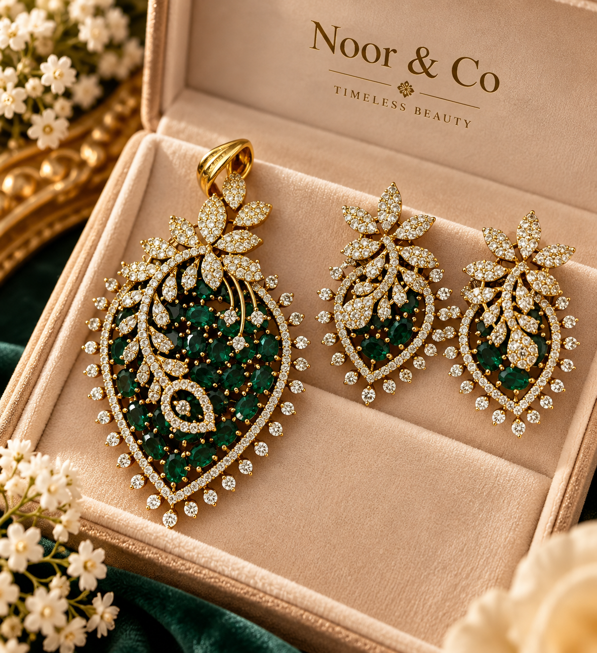 Purple/ Green Crystal Pendant & Earrings Set with Chain – Gold Tone Statement Jewelry