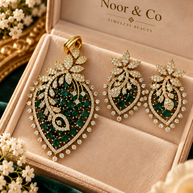 Purple/ Green Crystal Pendant & Earrings Set with Chain – Gold Tone Statement Jewelry