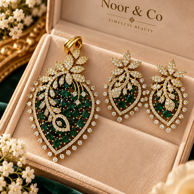 Purple/ Green Crystal Pendant & Earrings Set with Chain – Gold Tone Statement Jewelry