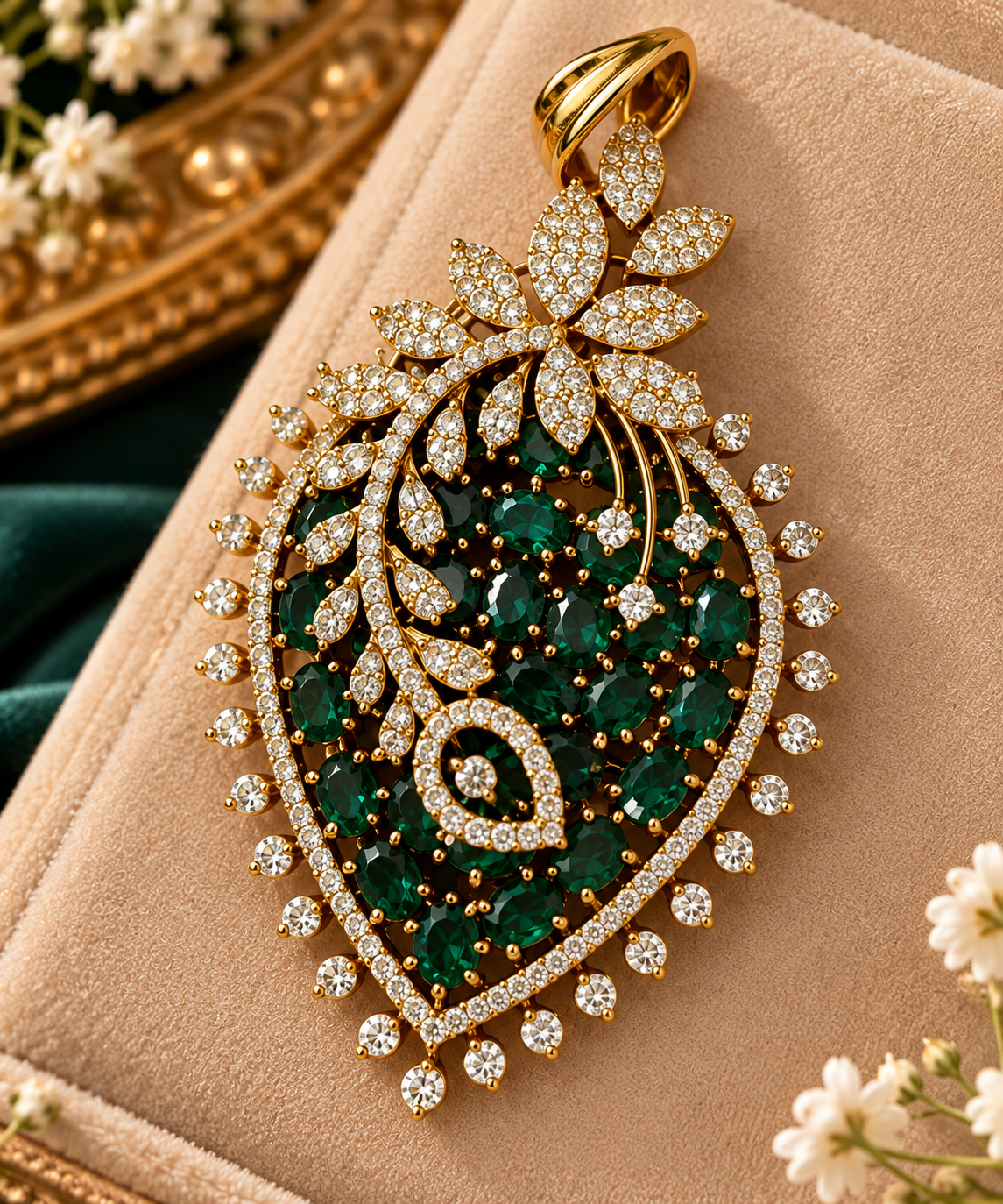 Purple/ Green Crystal Pendant & Earrings Set with Chain – Gold Tone Statement Jewelry