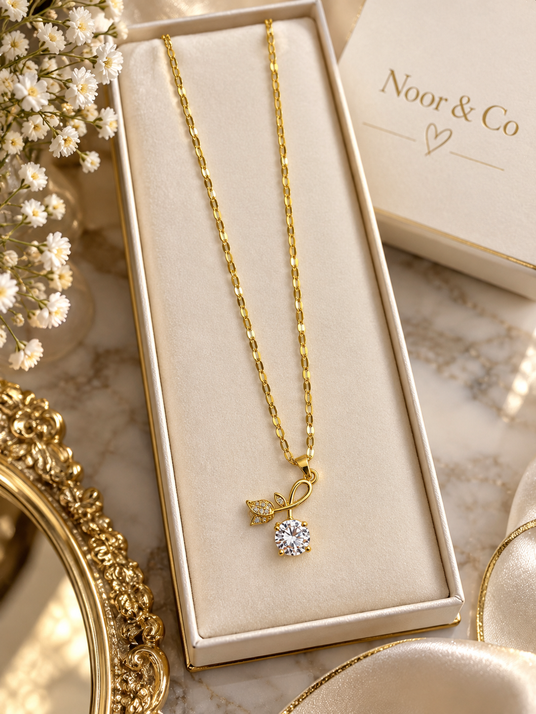 18K Gold Plated Floral CZ Crystal Pendant Necklace for Women