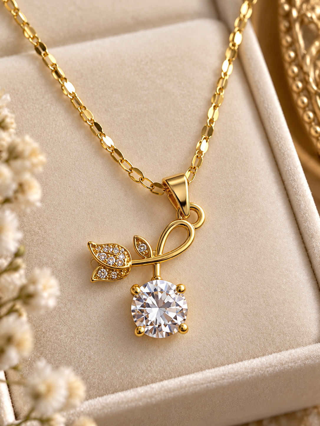 18K Gold Plated Floral CZ Crystal Pendant Necklace for Women
