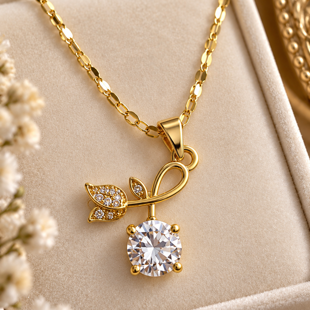 18K Gold Plated Floral CZ Crystal Pendant Necklace for Women