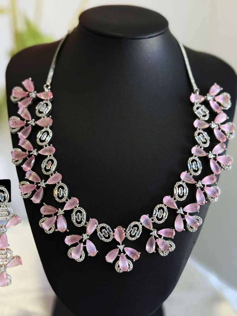 CZ Flower Necklace Earrings Set Silver Tone Pakistani Jewelry
