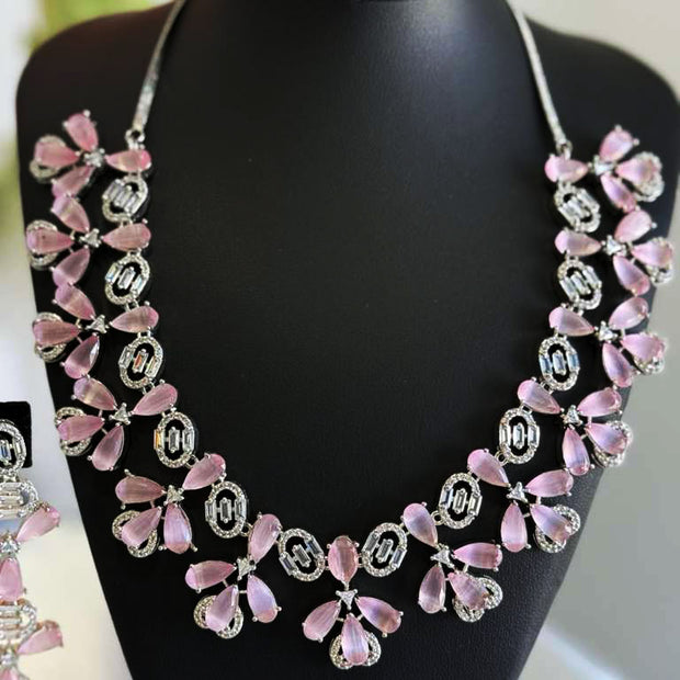 CZ Flower Necklace Earrings Set Silver Tone Pakistani Jewelry