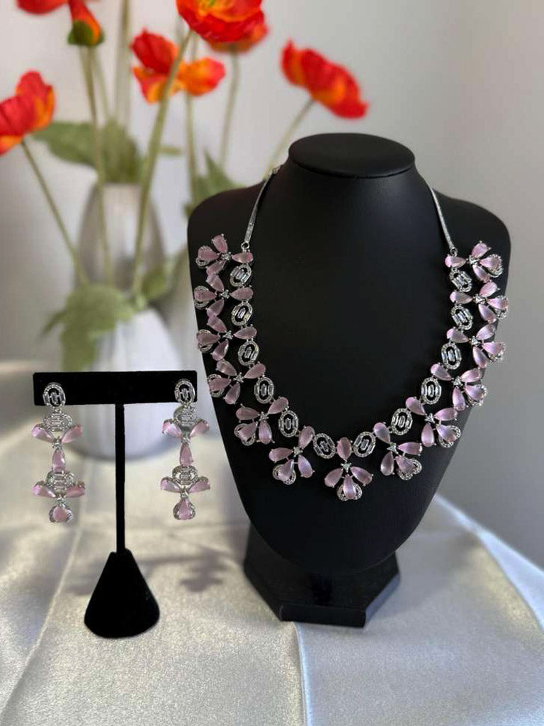 CZ Flower Necklace Earrings Set Silver Tone Pakistani Jewelry
