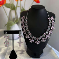CZ Flower Necklace Earrings Set Silver Tone Pakistani Jewelry