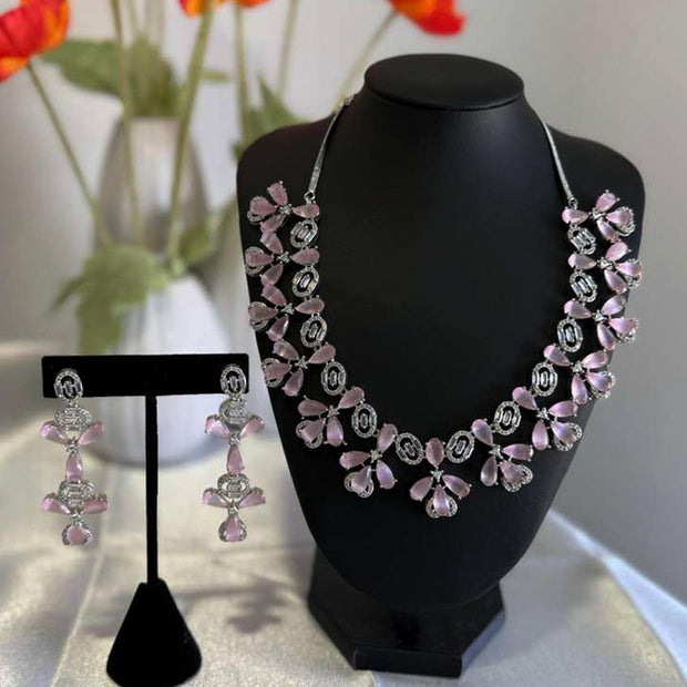 CZ Flower Necklace Earrings Set Silver Tone Pakistani Jewelry