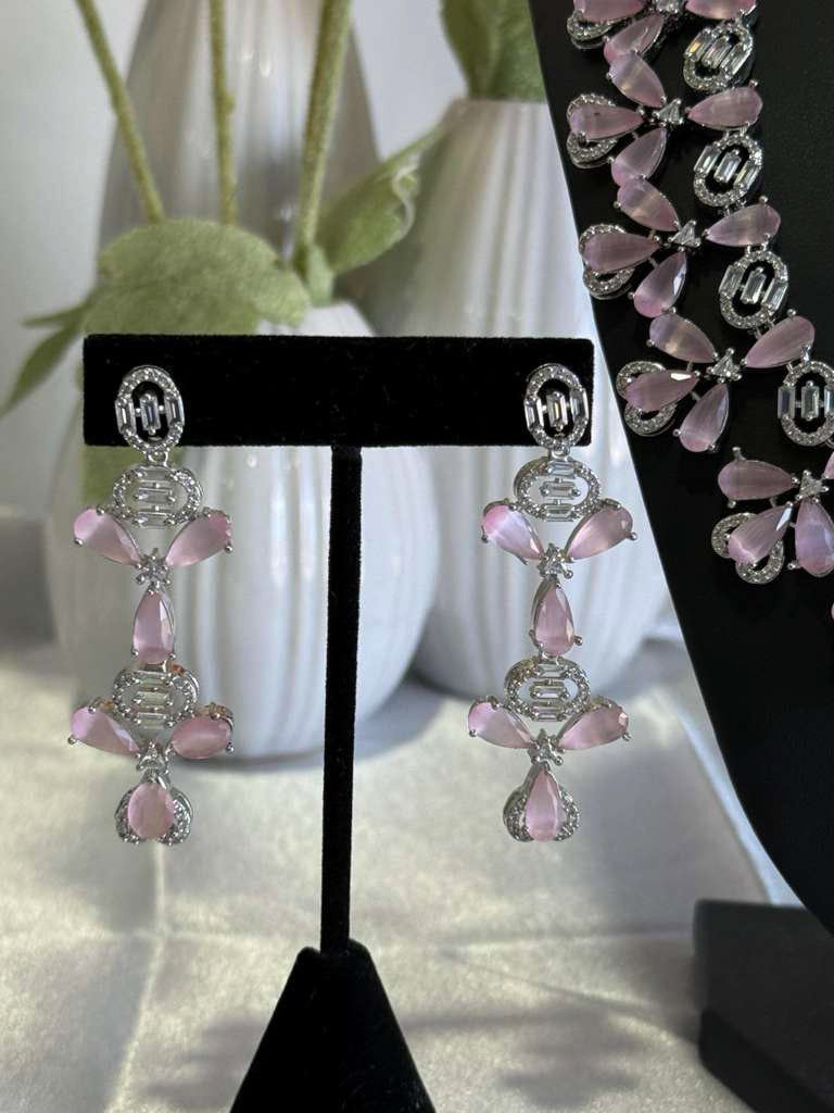 CZ Flower Necklace Earrings Set Silver Tone Pakistani Jewelry