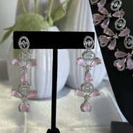 CZ Flower Necklace Earrings Set Silver Tone Pakistani Jewelry