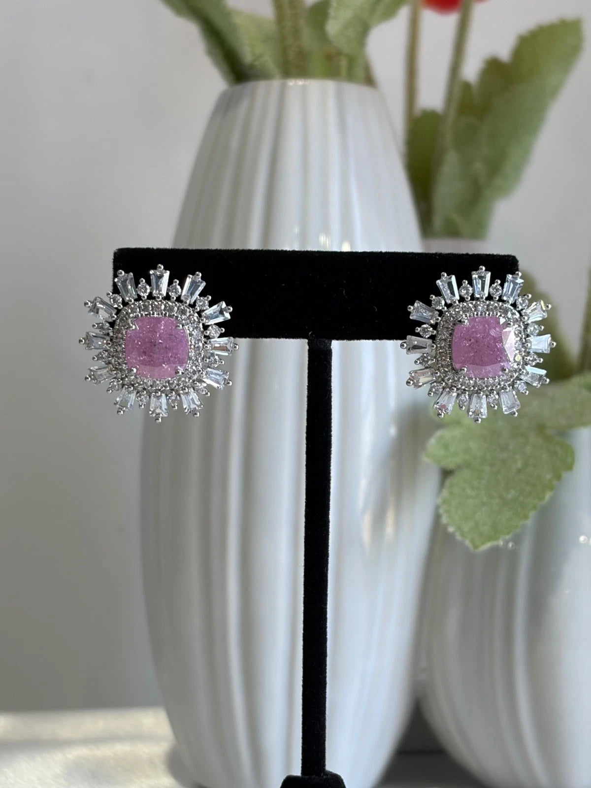 Pink Stone CZ Silver Tone Halo Stud Earrings Pakistani Indian Jewelry