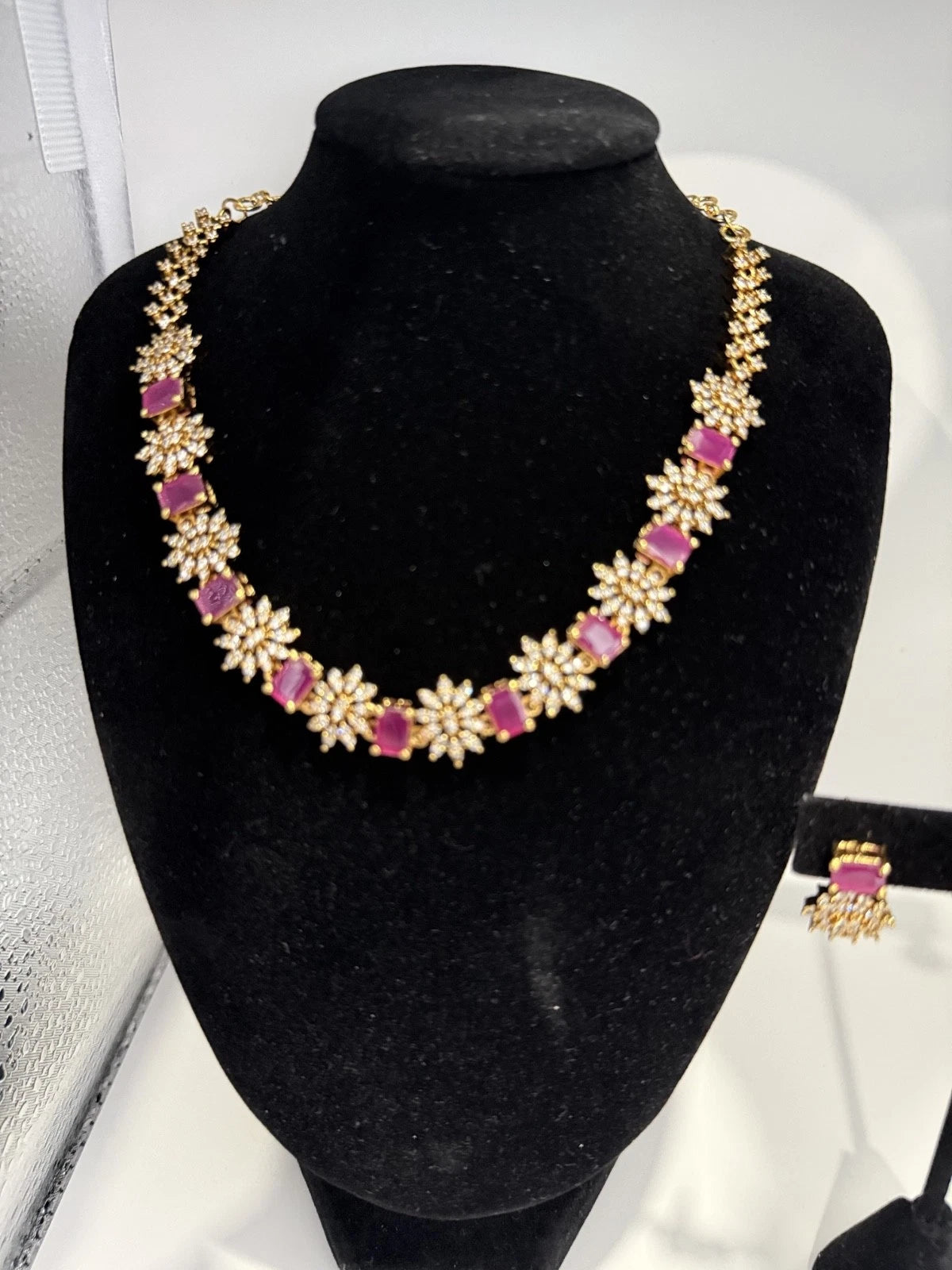 Elegant Pink Crystal Necklace & Earrings Set