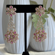 Pink Floral CZ Gold Tone Chandelier Earrings Pakistani Indian Bridal Jewelry