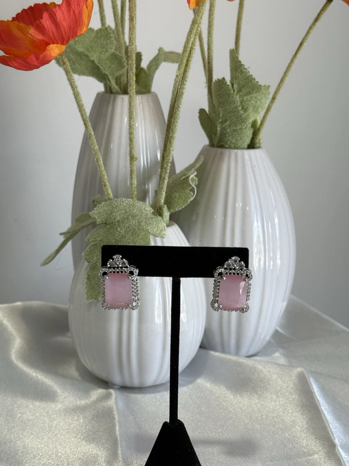 Baby Pink CZ Rectangle Stud Earrings Silver Tone Party Jewelry