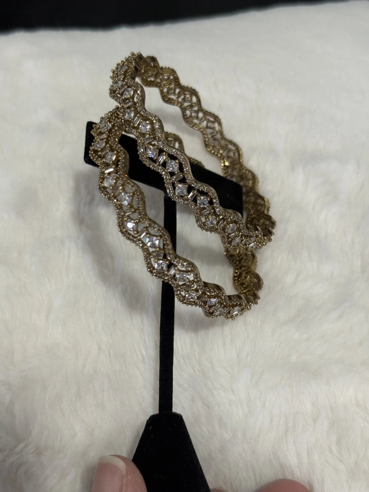 Gold Tone American Diamond Bangles Set Size 2.10 Elegant Wavy Crystal Design