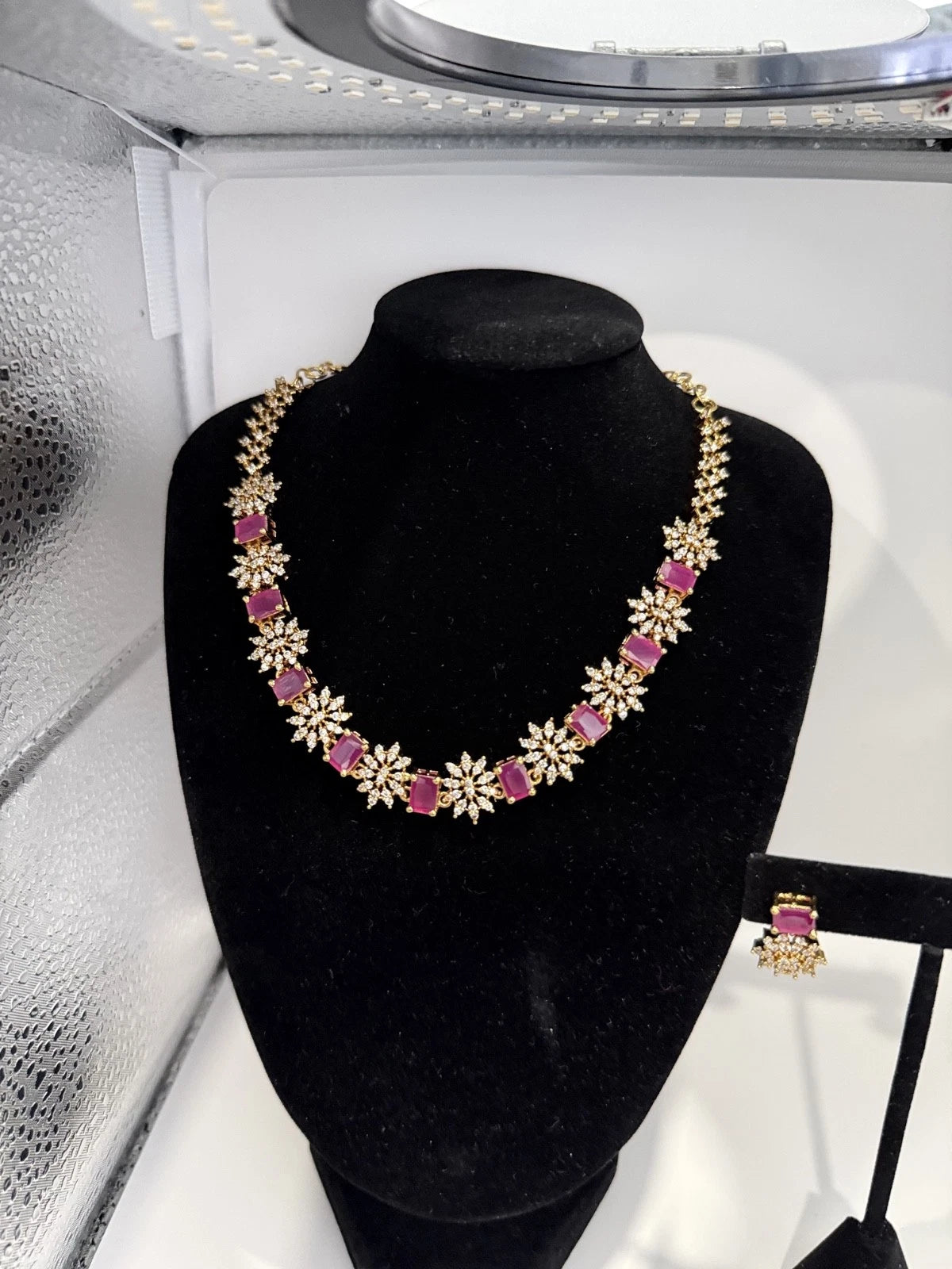 Elegant Pink Crystal Necklace & Earrings Set