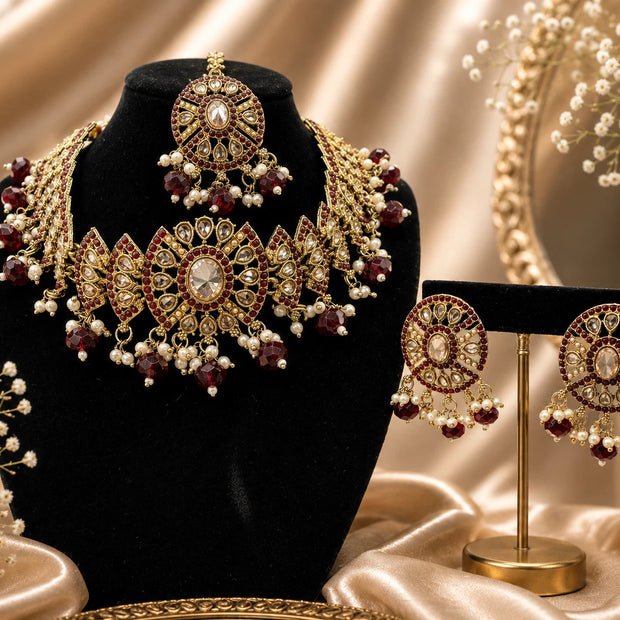 Maroon & Gold Traditional Jewelry Set with Matching Earrings