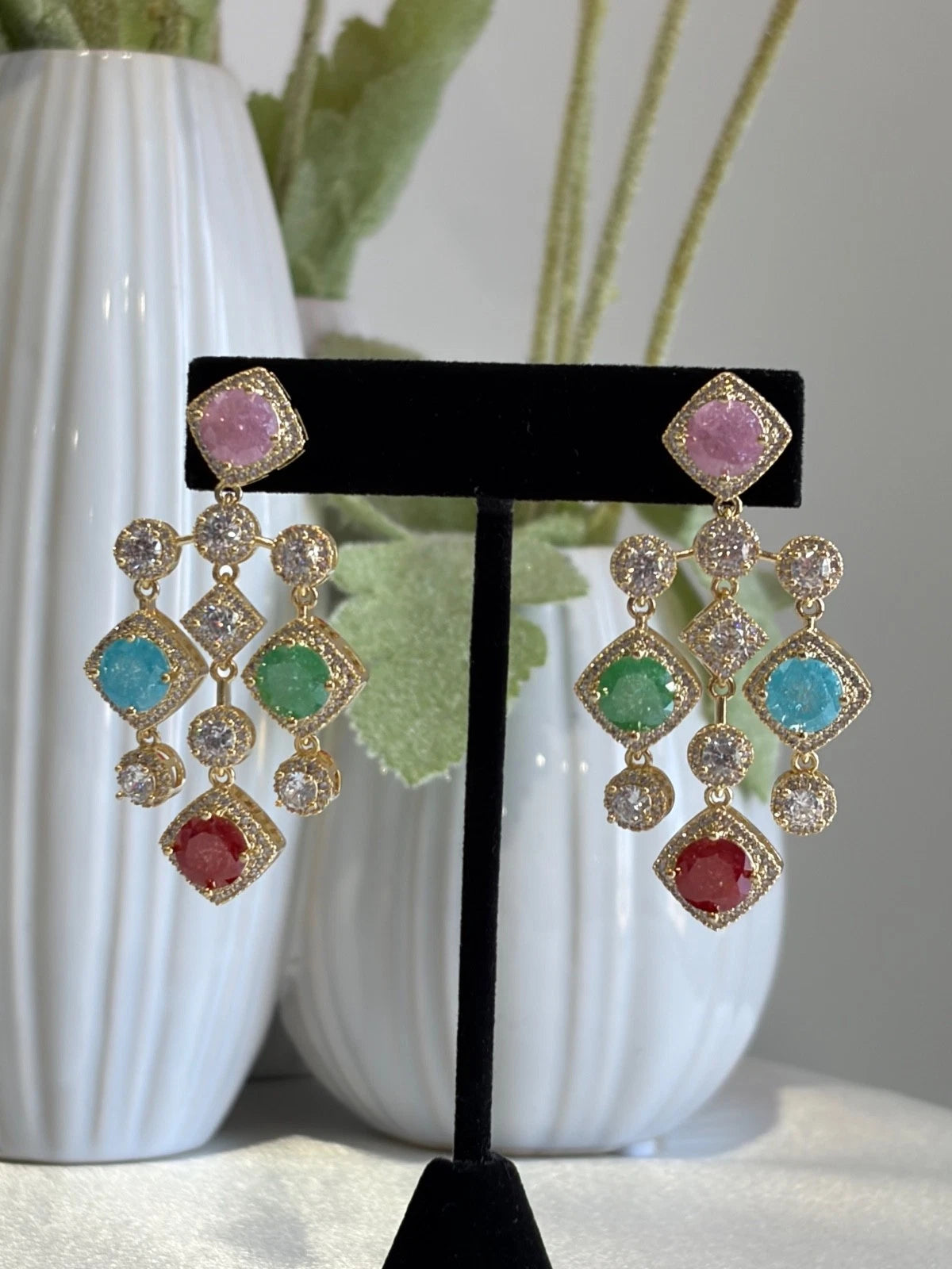 Multicolor CZ Gold Tone Chandelier Earrings Pakistani Indian Statement Jewelry