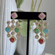 Multicolor CZ Gold Tone Chandelier Earrings Pakistani Indian Statement Jewelry