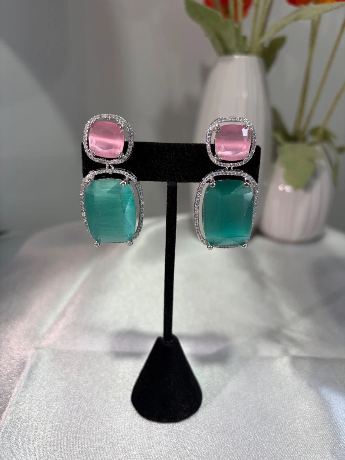 Pink Teal CZ Drop Earrings Silver Tone Statement Fashion Jewelry
